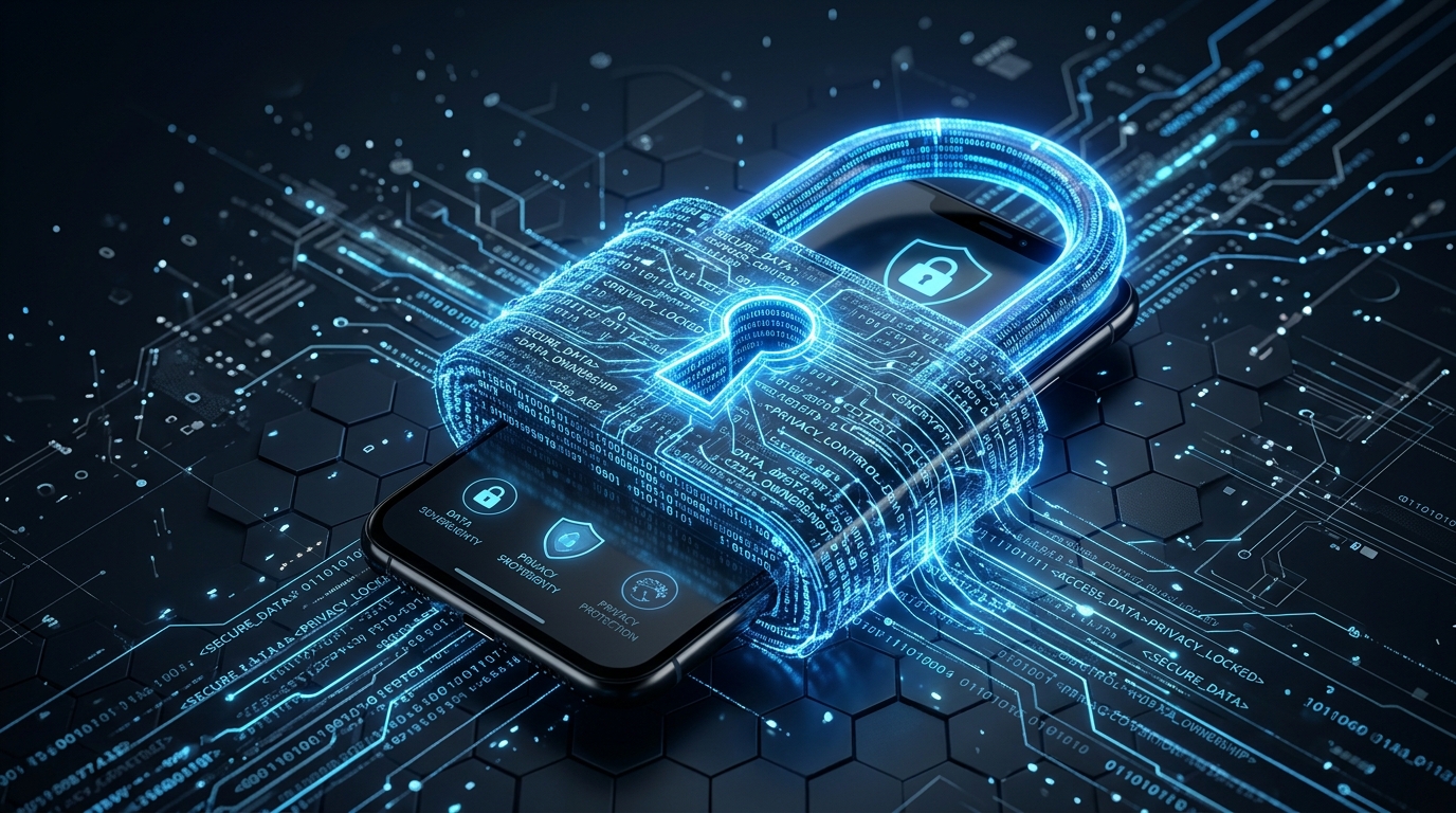 스마트폰을 안전하게 감싸고 있는 디지털 자물쇠 형태의 데이터 주권 보호 이미지