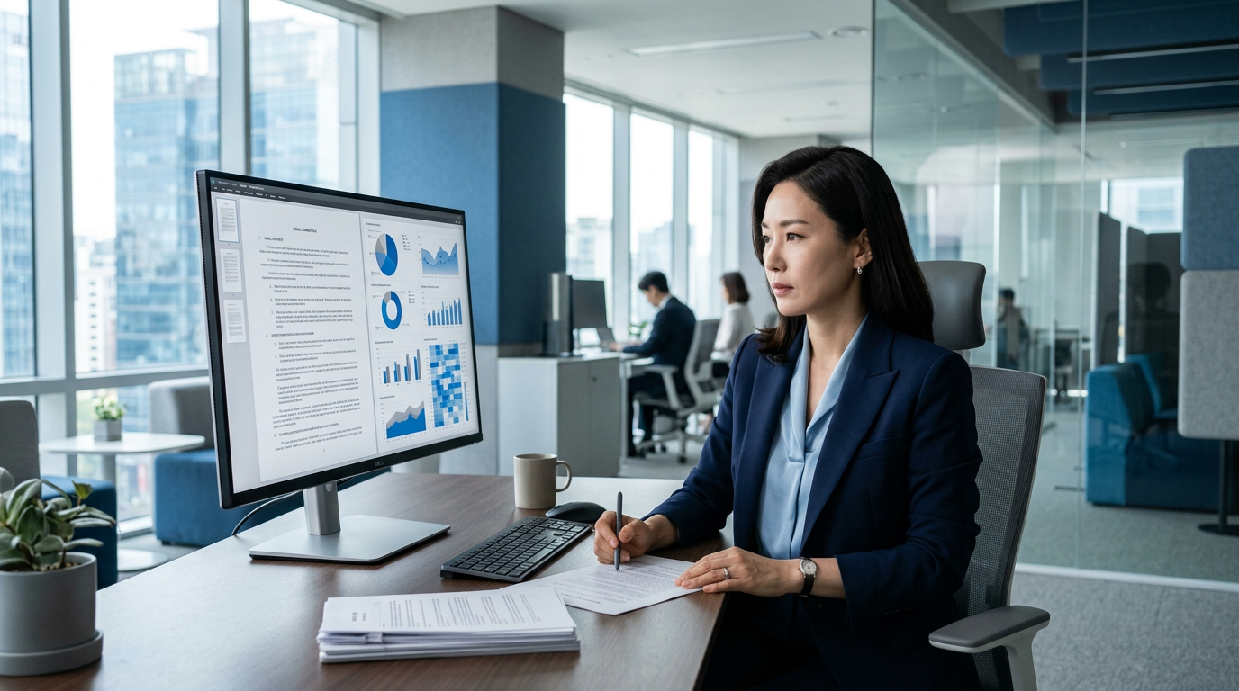 사무실에서 개정된 노조법과 도급 계약 관련 실무 서류를 꼼꼼하게 검토 중인 인사노무 담당자