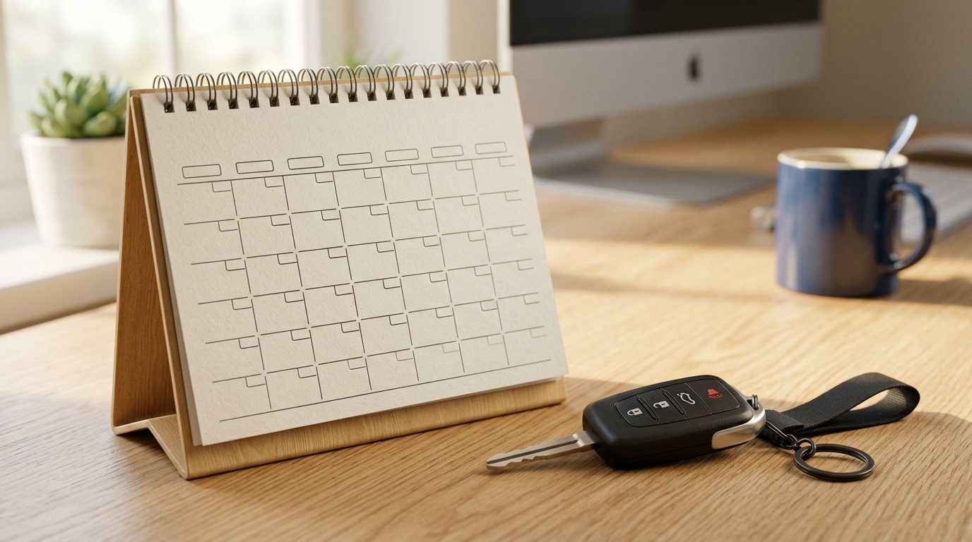 요일별 차량 5부제 제한 일정을 상징하는 탁상 달력과 자동차 키