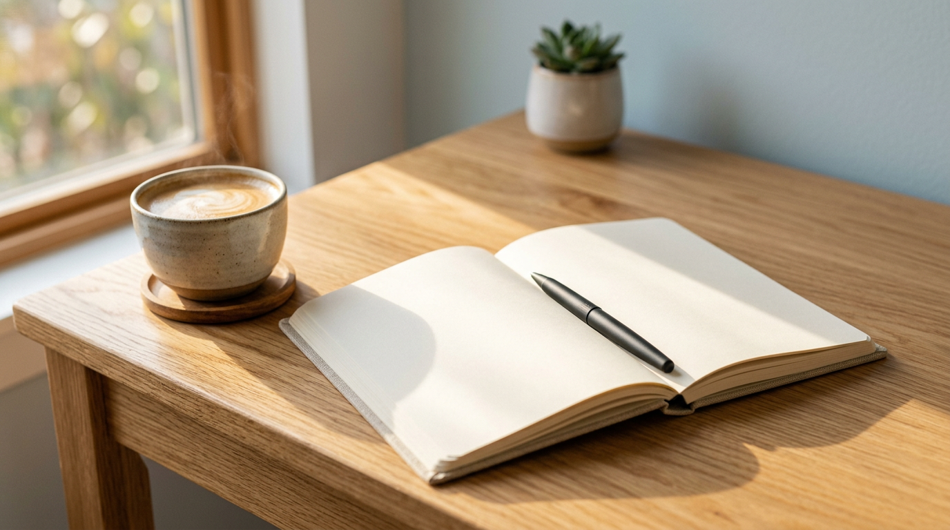 책상 위에 놓인 다이어리와 따뜻한 커피 한 잔의 여유