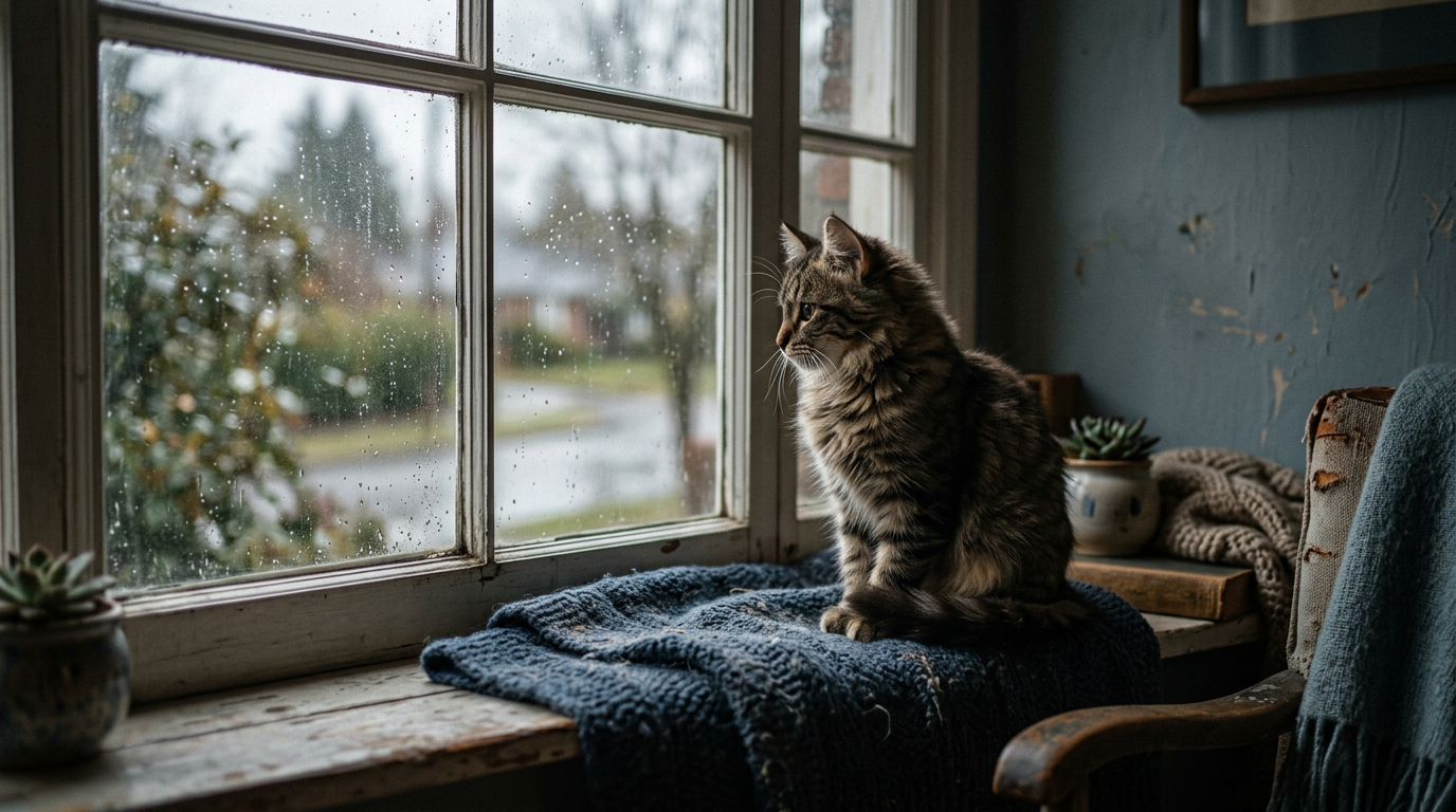 창밖을 가만히 바라보며 보호자를 기다리는 고양이의 뒷모습