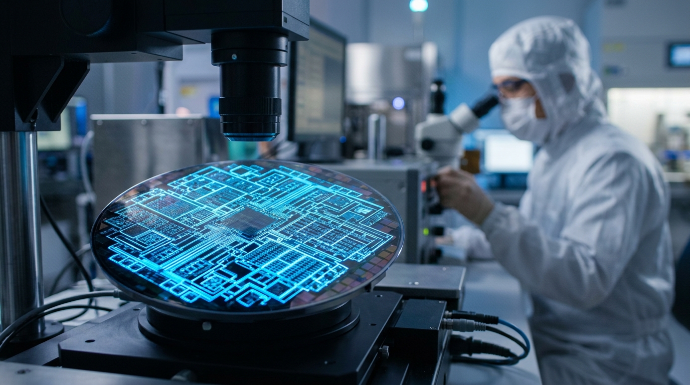 1c D램과 4나노 파운드리 공정이 적용된 최첨단 반도체 웨이퍼와 연구원