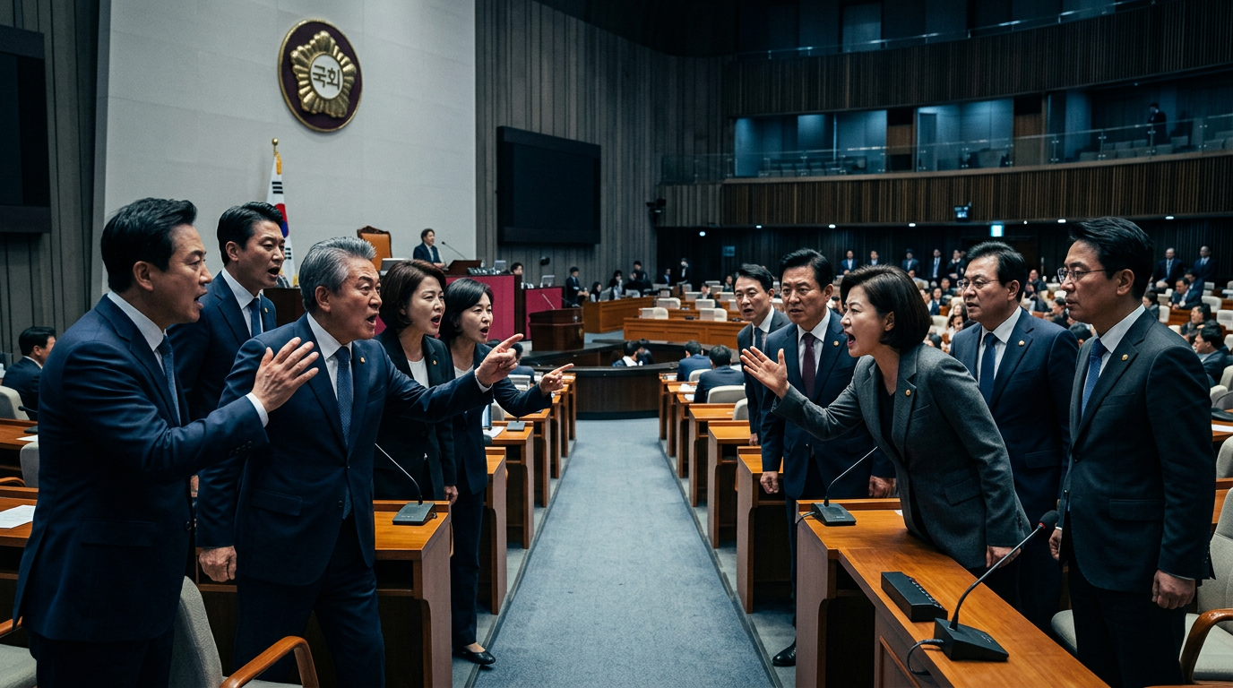 행정통합 무산을 두고 열띤 공방을 벌이는 여야 정치인들의 모습