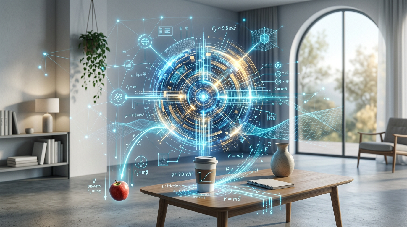 현실의 물리 법칙을 학습하는 월드모델 인공지능 콘셉트 일러스트