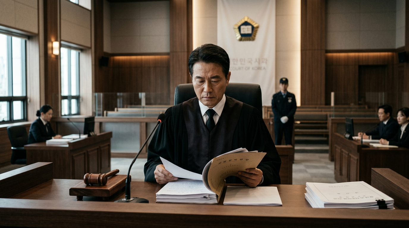 법왜곡죄 신설과 관련하여 서류를 진지하게 검토하는 한국 법관의 모습