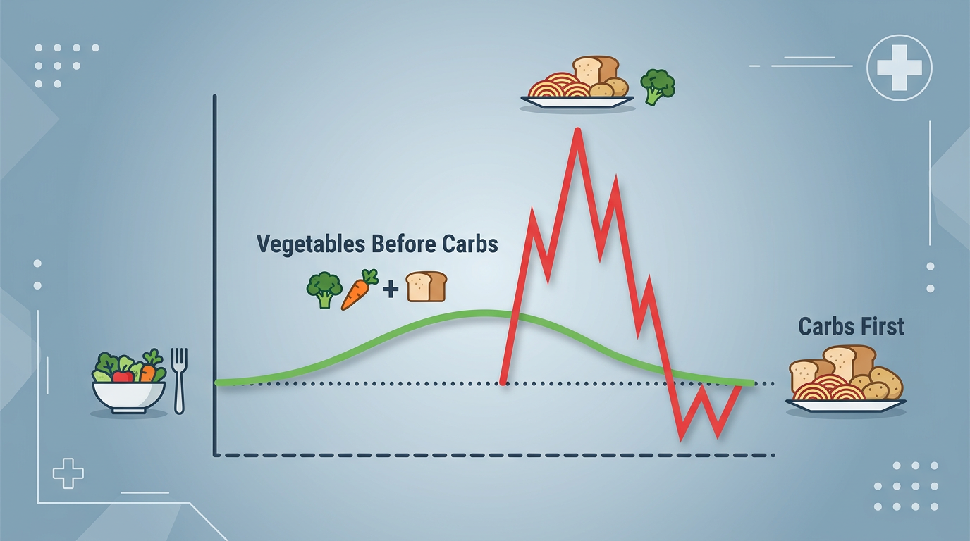 채소를 먼저 먹었을 때 안정적으로 유지되는 완만한 혈당 곡선을 보여주는 개념도