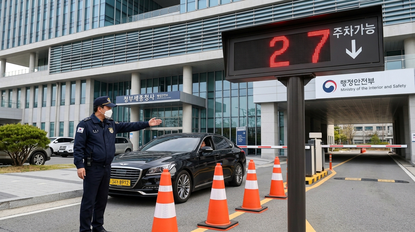 공공기관 주차장 입구의 디지털 전광판에 차량 끝자리 2번과 7번의 출입을 통제하는 안내문구가 뜬 모습