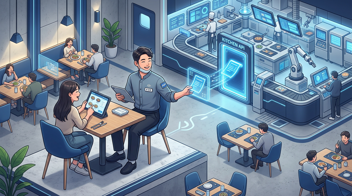API의 메신저 역할을 식당의 점원과 주방으로 묘사한 3D 일러스트