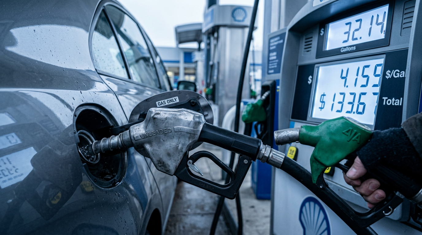 차량에 주유기가 꽂혀있고 가격이 내려가는 모습을 연상케 하는 주유소 화면 클로즈업