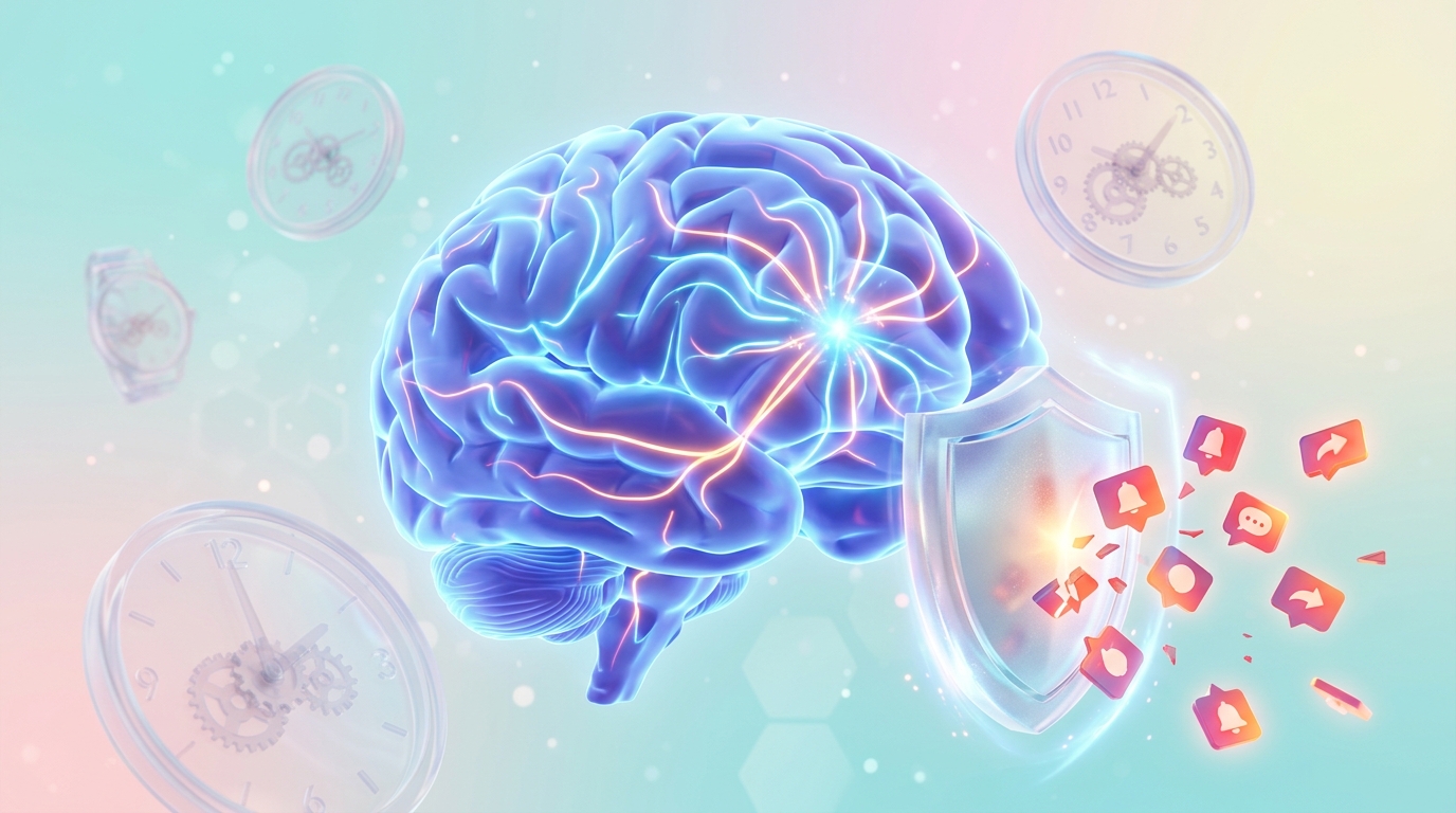 도파민 분비와 집중력 메커니즘을 시각화한 뇌 신경 일러스트