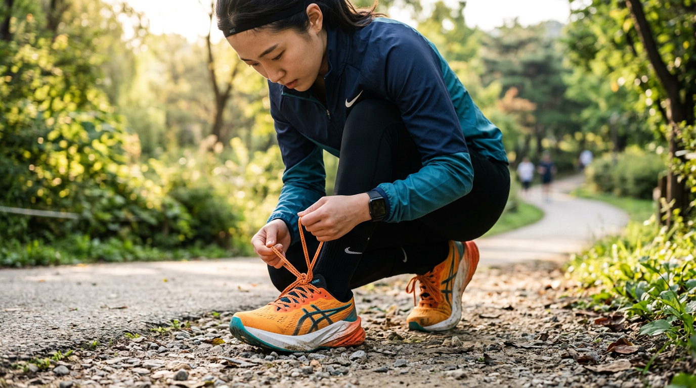부상 방지를 위해 쿠션감 있는 러닝화 끈을 묶으며 달릴 준비를 하는 모습