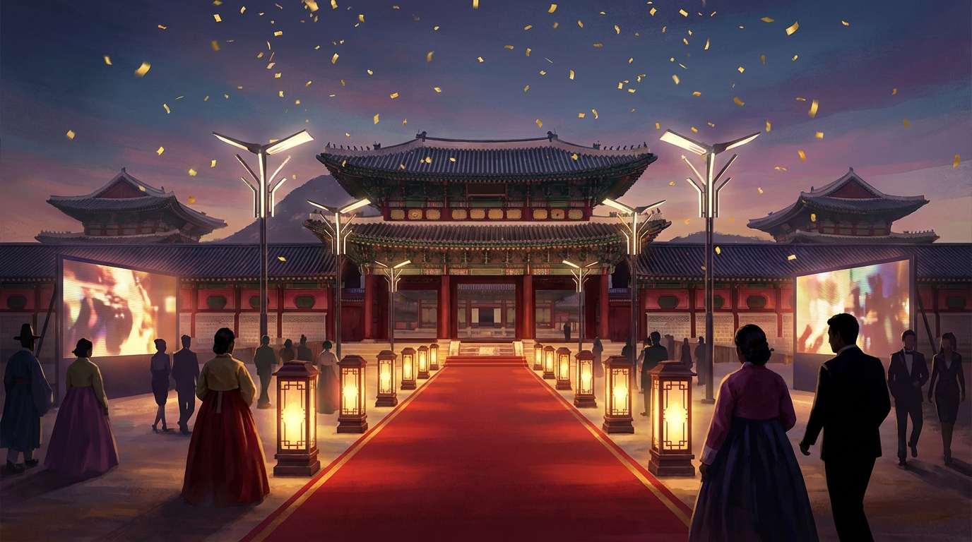 사극 코미디의 매력을 보여주는 조선 시대 궁궐 배경과 현대적인 축제 분위기가 어우러진 영화 컨셉 일러스트