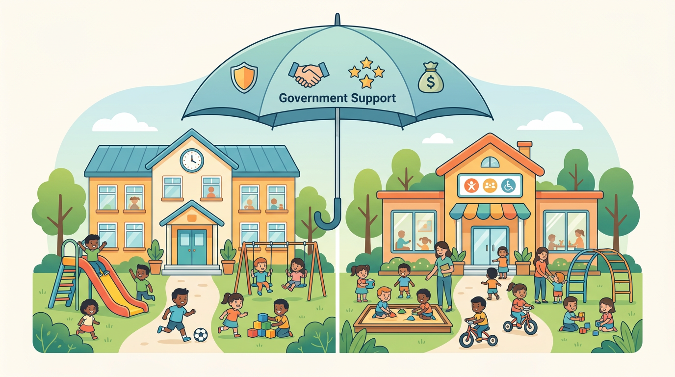 유치원과 어린이집의 4-5세 무상교육·보육 지원 내용을 비교하는 인포그래픽