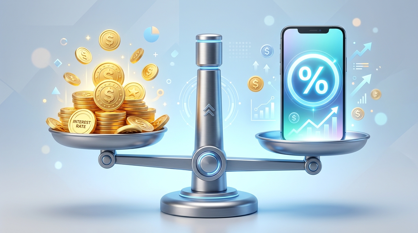 금리 비교 앱을 활용하여 대출 이자 부담을 줄이는 개념을 표현한 3D 일러스트