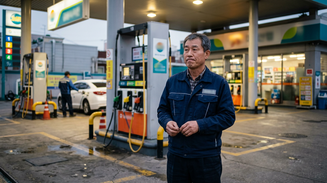정유세 최고가격제 시행으로 인한 영향을 고민하는 한국인 주유소 사장님이 주유기 앞에 서 있는 모습