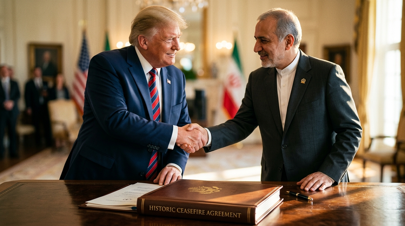 책상 위 휴전 합의 문서 위에서 굳게 악수하는 미국과 이란 외교관의 손