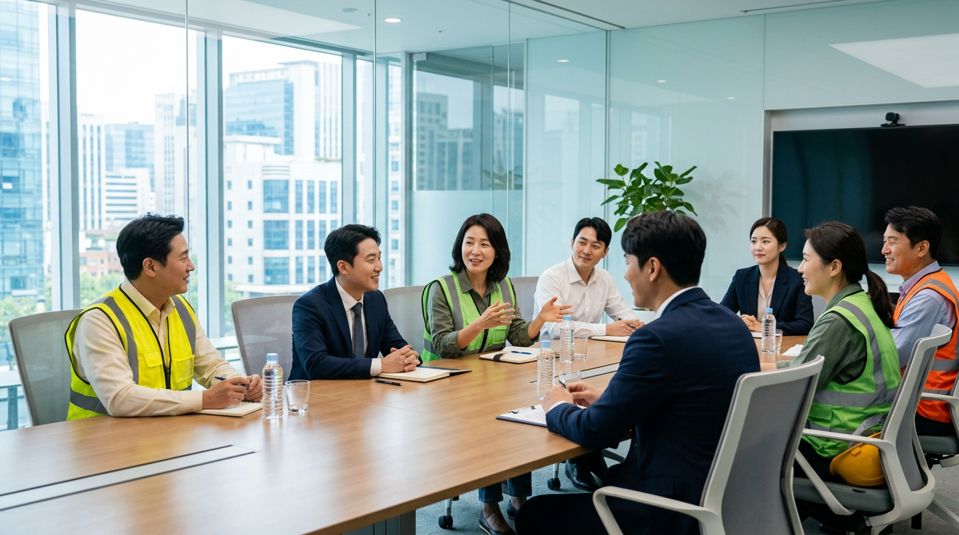 원활한 소통을 위해 평화롭고 건설적으로 교섭 회의를 진행하고 있는 노사 양측의 모습