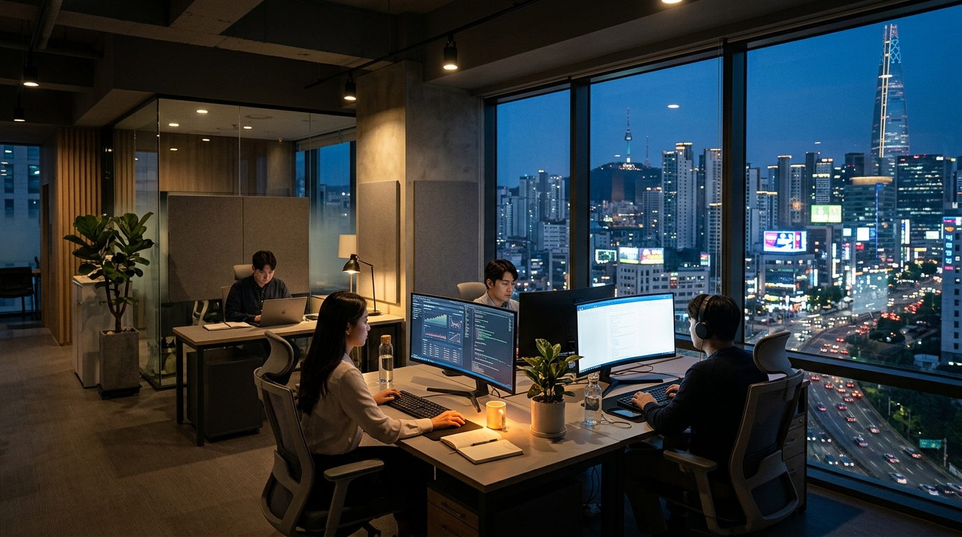 PC 강제 종료 및 야간 일괄 소등 등 전사적 에너지 절감 대책을 보여주는 스마트 오피스 전경