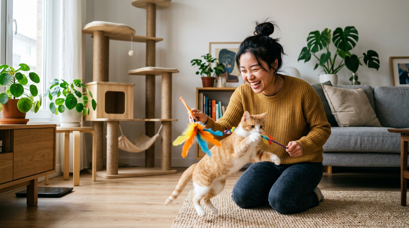 거실에서 깃털 장난감으로 고양이와 즐겁게 사냥 놀이를 하는 반려인의 모습