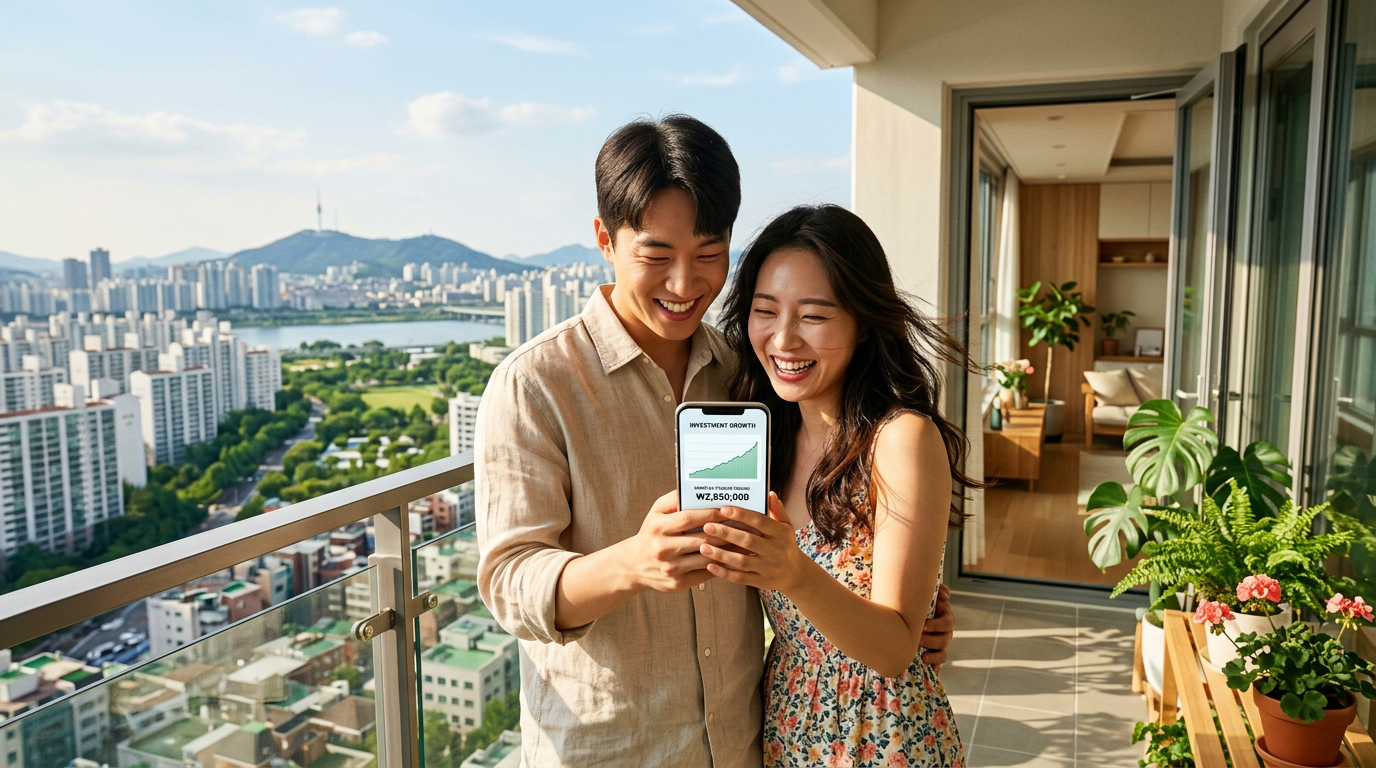 스마트폰으로 매월 들어오는 배당금을 확인하며 경제적 여유를 즐기고 있는 밝은 표정의 젊은 부부