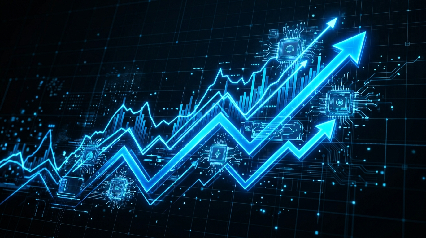 HBM4E 발표로 인한 국내 반도체 관련주 상승 전망을 나타내는 상승 그래프와 칩 이미지