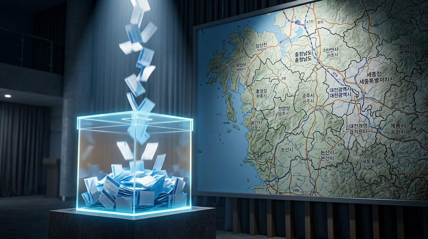 다가오는 2026년 지방선거 투표함과 대전·충남 지도 개념 이미지