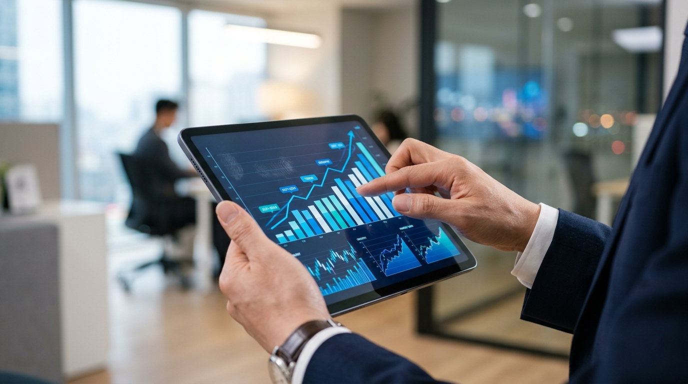 태블릿으로 유가 안정화와 정유주, 해운주 관련 경제 지표를 분석하는 모습