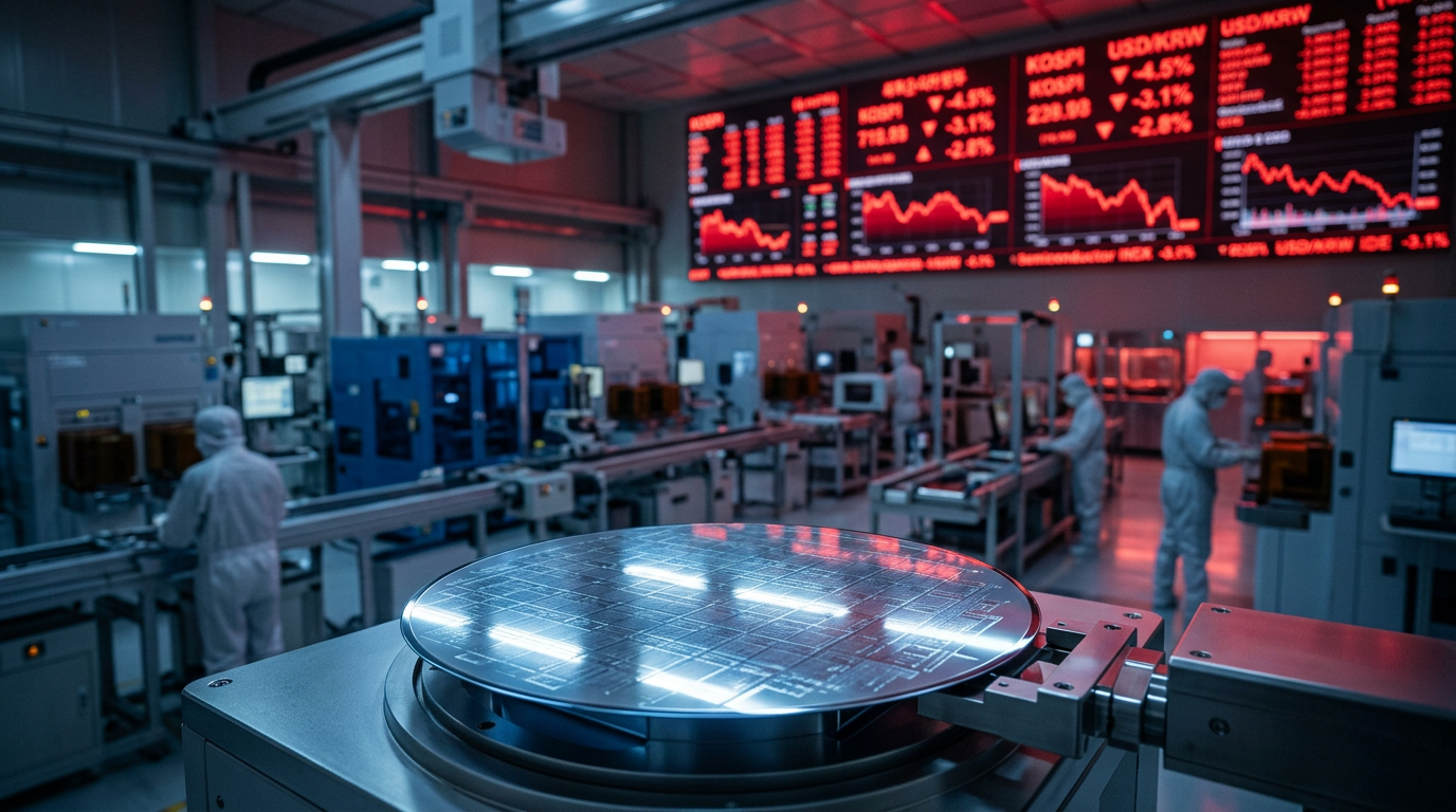 관세 폭탄 우려로 인해 불확실성에 휩싸인 반도체 생산 라인과 하락하는 주식 시장 그래프