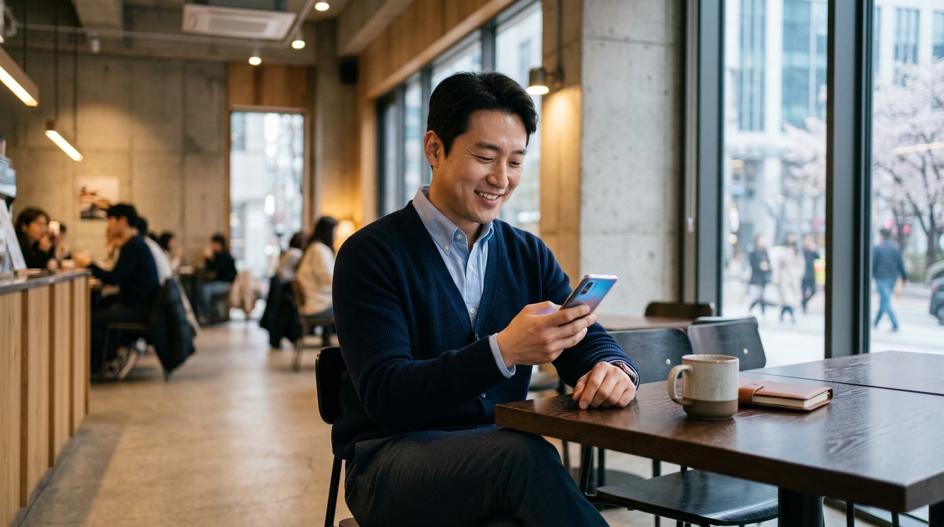 스마트폰으로 주식 매매 대금 입금을 확인하며 안도하는 한국 개인투자자의 모습