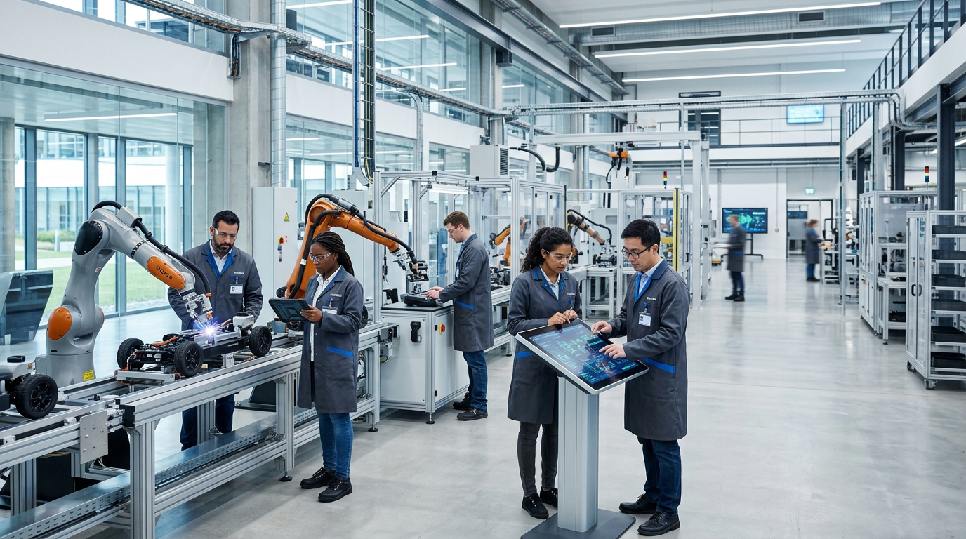 첨단 스마트 팩토리에서 협동로봇과 함께 작업하는 다국적 연구원들