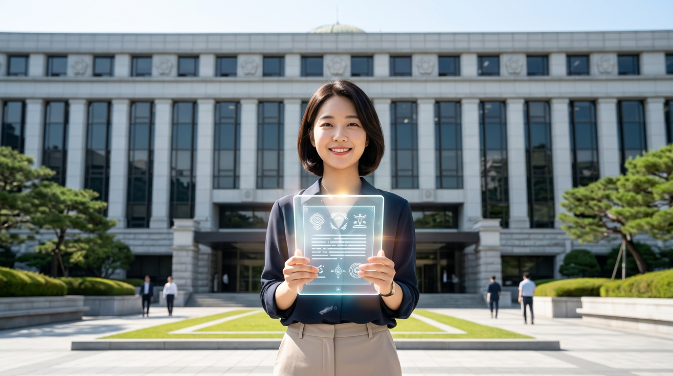 헌법재판소 앞에서 재판소원 청구를 상징하는 문서를 들고 희망찬 표정을 짓는 한국인
