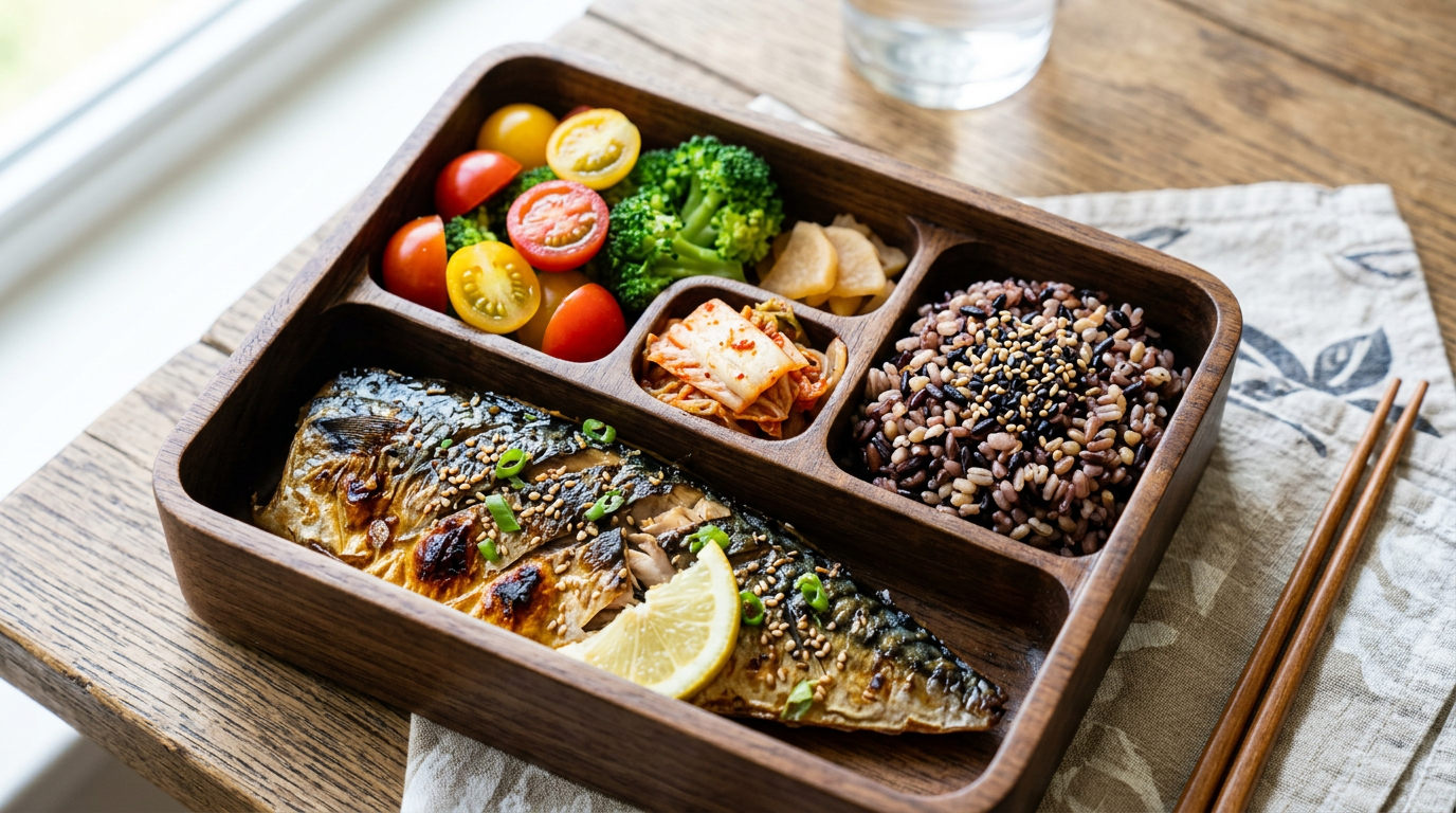 토마토, 고등어구이, 잡곡밥으로 영양소를 구분해 구성한 직장인 다이어트 도시락