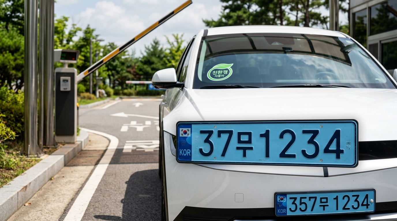 차량 5부제 예외 대상인 파란색 번호판의 전기차가 주차장 차단기를 자유롭게 통과하는 모습