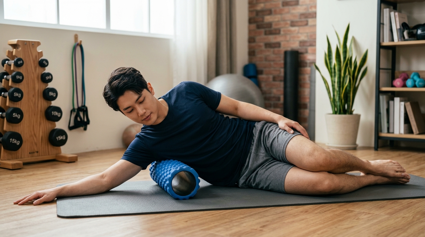라운드숄더 교정을 위해 요가 매트 위에서 폼롤러로 광배근과 대흉근을 부드럽게 이완하고 있는 한국 남성의 모습