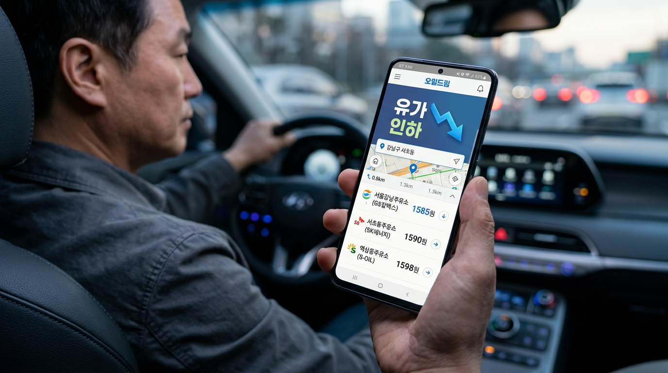 한국인 운전자가 차 안에서 스마트폰으로 유가 인하 소식과 주유소 가격 비교 앱을 확인하는 모습