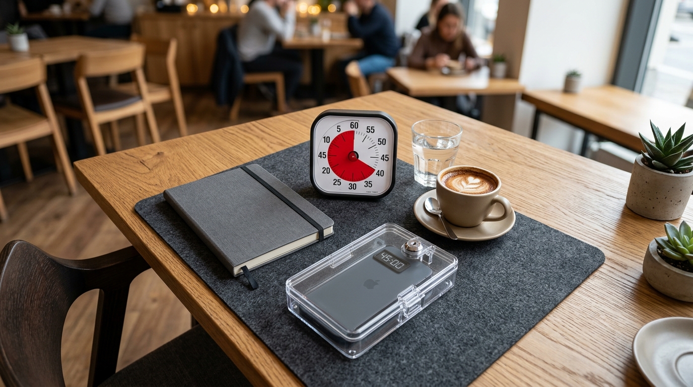 집중을 위해 스마트폰 잠금 상자와 시각적 타이머를 세팅한 책상 모습