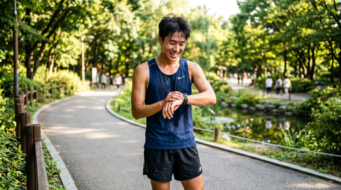 5km 달리기를 마치고 스마트워치를 확인하며 성취감을 느끼는 모습