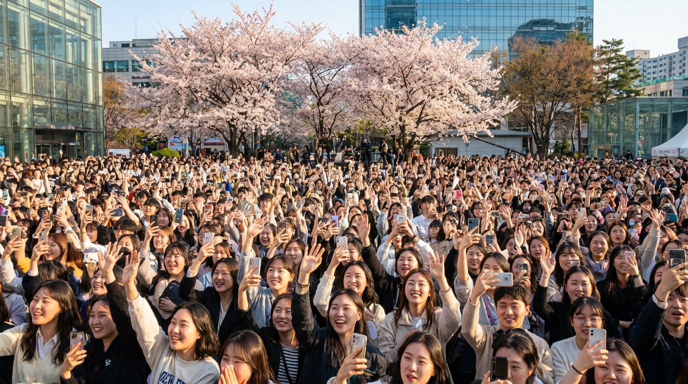 장항준 감독의 커피차 이벤트에 모여든 수백 명의 영화 팬들이 즐거워하며 사진을 찍는 열띤 현장